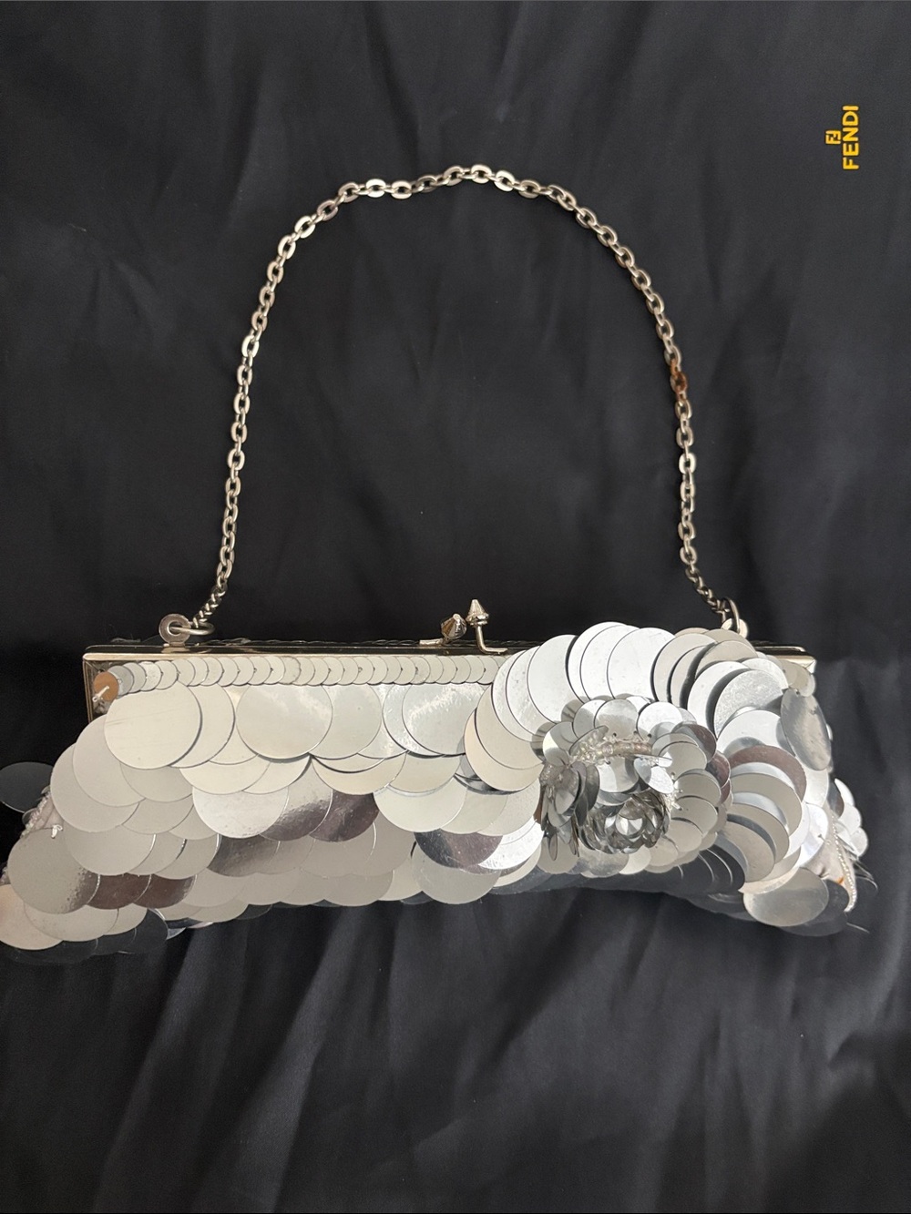 Silver Sequin Chain-Handle Evening Clutch